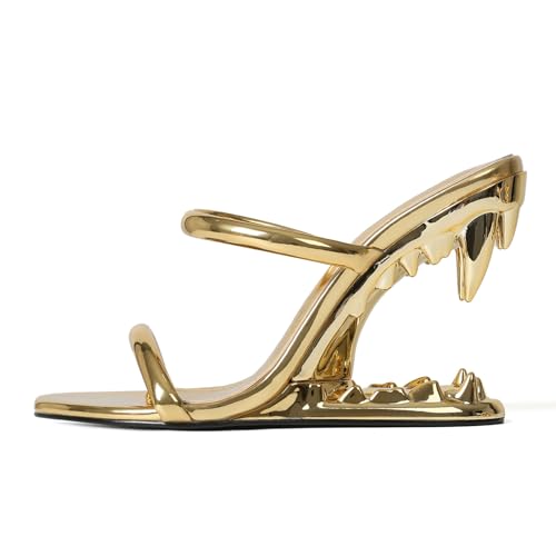 Image of Goiphrri Wedge Sandals for Women Strappy Heels Round Open Toe Heels Metallic Shark Tiger Teeth heeled Sandals Flip Flops Thong Womens Mules Slip on Party Dress Wedding Ceremony