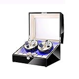 Black 4+6 Automatic Watch Winder Box with LED Light in Wood Shell and Leather Piano Paint Exterior Super Quiet Motor (E)