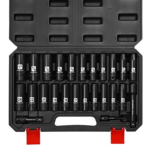 Mixpower 25 Pieces 1/2-Inch Drive Deep Impact Socket Set, Cr-V, Metric/Sae, Includes 12Mm To 24Mm, 3/8-Inch To 1-Inch, 3", 5" Extension Bars, 1/2"-1/4" Adapter #TOP1