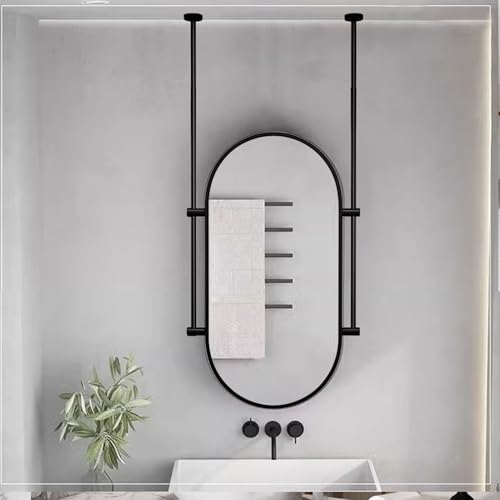 Espejo de pared montado en el techo para baño, espejos ovalados con marco de metal negro para el hogar, tocador, maquillaje, sala de estar, espejo decorativo con barra colgante (C, 50 cm x 60 cm)