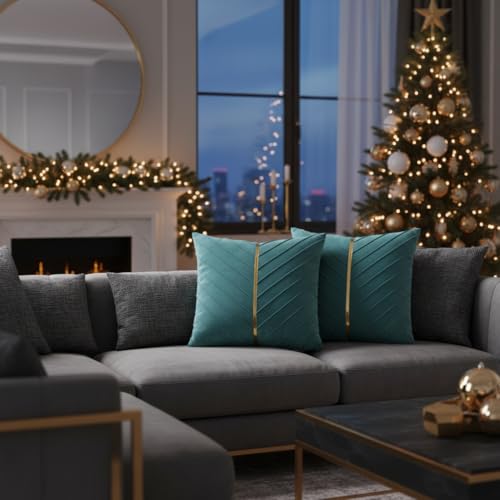 Image of Velvet Throw Pillow Covers 20x20 Pack of 2 Gold Decor Aqua Green