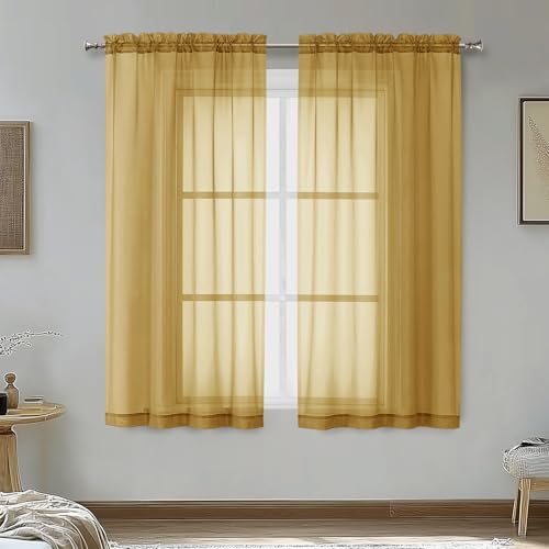 Image of OVZME Gold Sheer Curtains 54 Inches Long 2 Panels - Soft Light Filtering Window Sheer Panels for Living Room /Bedroom, Top Dual Rod Pocket, 1 Pair, Each 42Wx54L Inches