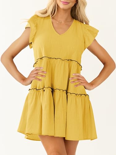 Image of Women's Summer Babydoll Mini Dress V Neck Tie Back Ruffle Sleeve Casual Tiered Loose Flowy Swing Tunic Shift Dress
