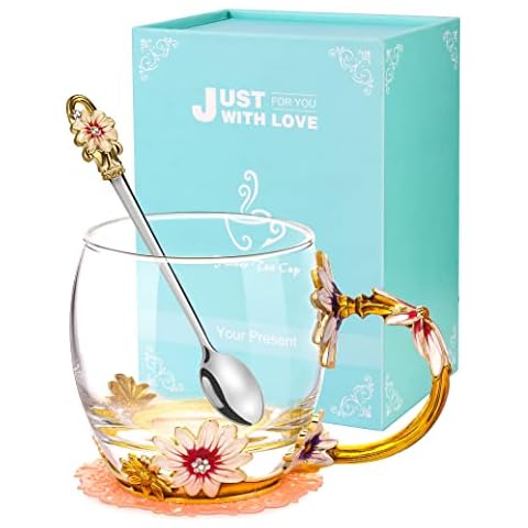 Wisolt Flower Tea Cup Personalised Gifts for Women Glass Coffee Cup Mug Birthday Gifts for Her Mum Teacher Friends Anniversary Valentines Christmas Mother's Day Gifts Cover
