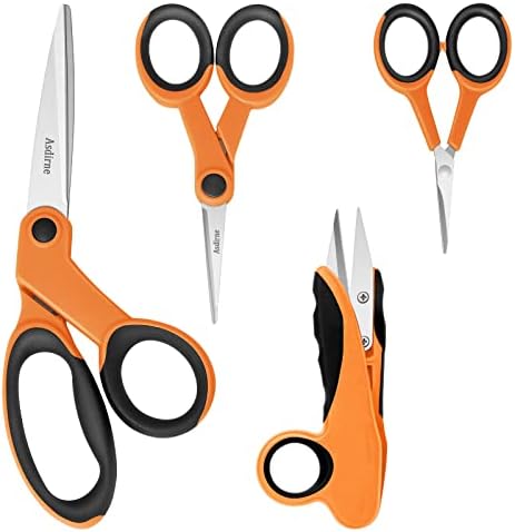 Fabric Scissors, Scissors Set with Sharp Stainless Steel Blade and Soft Handles, Including Sewing Scissors, Craft Scissors, Thread Snipers and Embroidery Scissors, 4PCs, Orange/Black