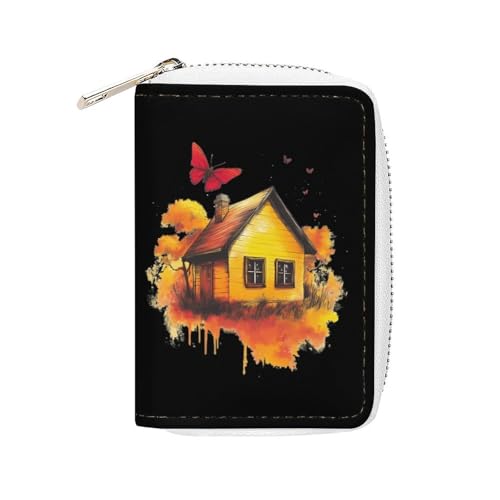 Wood House Butterfly Small Business Credit Card Holder Wallet with 20 Card Slots Case Coin Purse Pouch