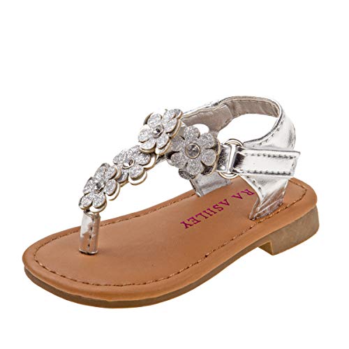 Laura Ashley Girls Multi Flower Thong Sandal, Silver, 2 M US Infant'