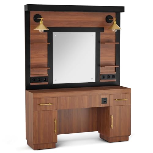 Barberpub Lugar de peluquería con 2 cajones, tocador con espejo, espacio de control con 4 estantes y 2 armarios, armario con espejo de madera, mesa con espejo moderno, dispositivo de peluquería, 3167