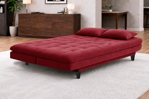 Image of Rosebell Modern Three-Seater Sofa Cum Bed Foldable Velevt Fabric Sofa, Soft Foam Seating, Stylish Design for Living Room, Guest Room & Office - Red Color