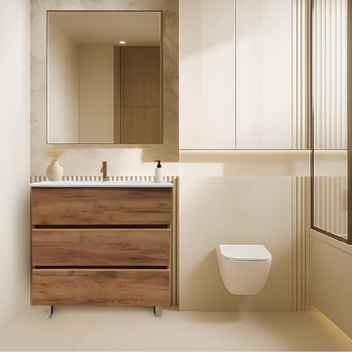EL BAÑO MODERNO Juego Mueble Baño con Lavabo y Espejo. Mueble Baño con Lavabo. Mueble Bajo Lavabo Compacto Preinstalado de Fábrica. Mueble Lavabo con Pie de Porcelana Ideal para tu Hogar