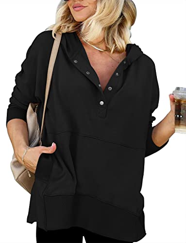 Magritta Jumpers for Women UK Long Sleeve Plain Button Up Hooded Sweatshirts Fall Fashion Plus Size Clothes Trendy Black, 18-20