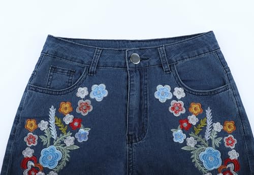 Womens Floral Embroidered Flared Jeans Bell Bottom Jeans Stretchy Denim Pants Casual Trousers2