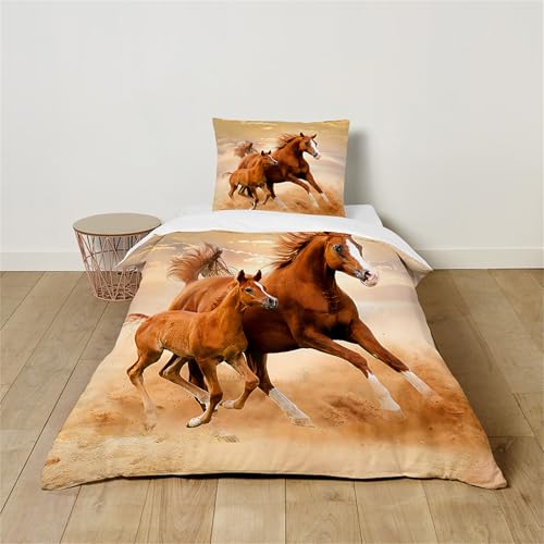 Hearda Parure de Lit Enfant, Imprimé Cheval Moderne Housse de Couette+1/2 Taie d'oreiller Housse Couette Fille Applicable à 1 Personne Chambre Garçon Ado...