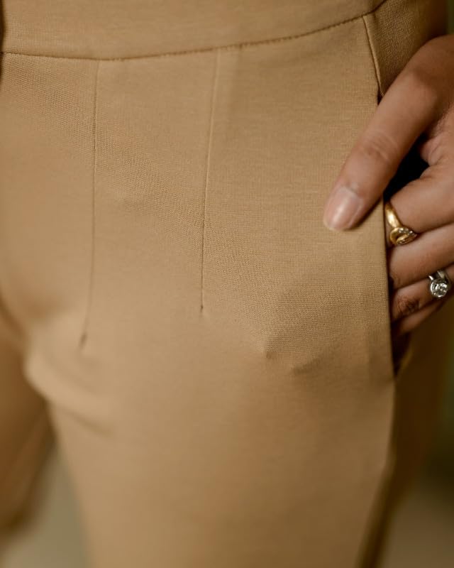 Image of Mlada Straight Fit Cigarette Pencil Pants Elastic Waist Band Mid High Waist Formal Office Trousers for Women, Pockets for Travel Stretch Cotton Knit Full Length Regular /Plus Size