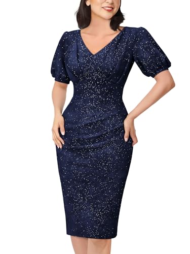 Image of Miusol Women's Retro V-Neck Elegant Glitter Wrap Ruched Puff Sleeve Cocktail Party Dress