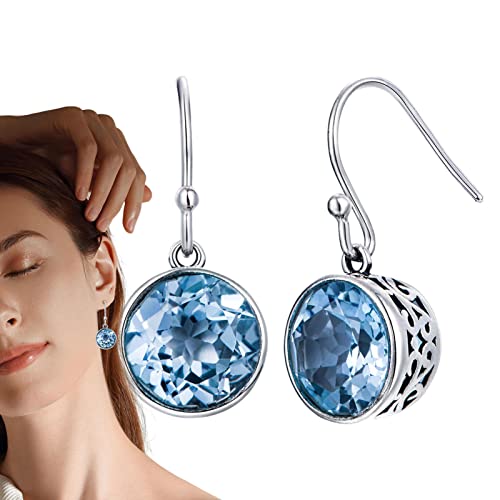 Youding Pendientes colgantes de gota de piedras preciosas, aretes colgantes de ópalo con piedra natal de plata para mujer, aretes de gota de piedra natal azul hechos a mano con aguamarina