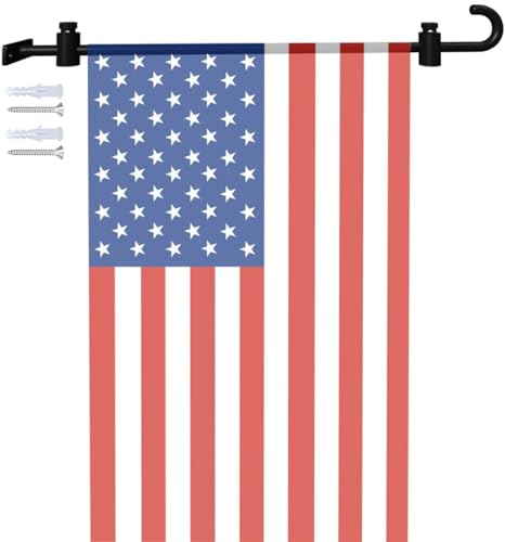 Koutemie Wall Garden Flag Stand Holder Pole with 2 Stoppers for 12 x 18 Outside Small Flags Décor, One Piece Wall Mounted Metal Garden Flag Scroll Hanger for Mailbox Post, Black