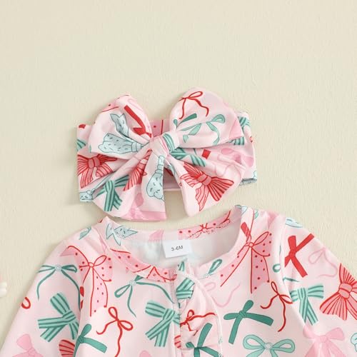 Newborn Baby Girl Christmas Outfit Bow Print Ruffled Zipper Long Sleeve Romper Jumpsuit Infant Fall Clothes Headband4