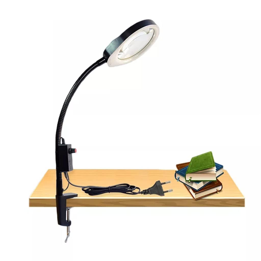 Flexible Hands Free Magnifier Lamp Clip-on Magnifier Desk Lamp Reading Large Lens Illuminated Magnifier(B)