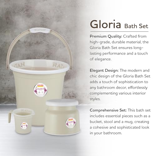 Image of RATAN PLASTICWARE Plastic Bathroom Set of 3 Pieces Combo Pack Gloria Plain 18 Liters Bucket + Nova Stool Patla 107 + Gloria Plain Bath Mug 1 Liter Color Twist Beige