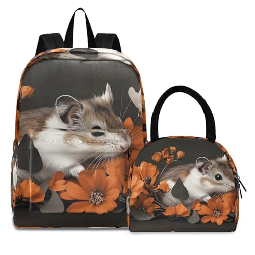 Floral Mouse Print Backpack Set with Lunch Bag, Large Capacity Travel Backpacks and Lunch Box Insulated for Commute Hiking Picnic