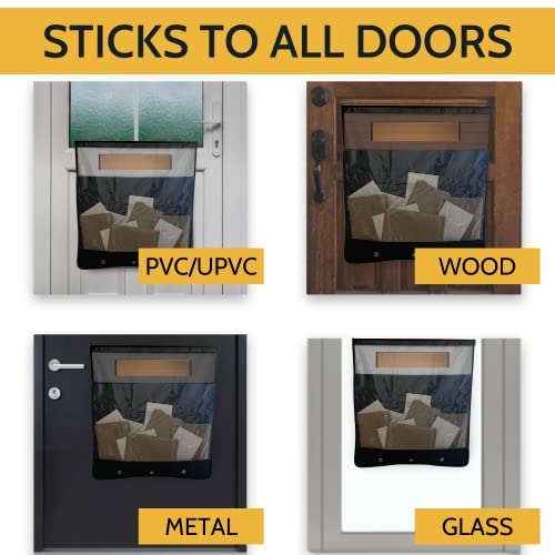 Image of Slimline Mail Slot Catcher for Door (20.4 inch W x 20 inch D), Letterbox Catcher for Glass, Wood & Metal Doors - Strong Adhesive, Indoor Post Catcher for Small Packages & Magazines (Black Transparent)