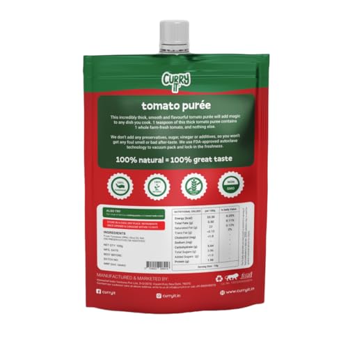 Image of CURRYiT Fresh Tomato Puree | Thick & Pure Tomato Paste | Preservative Free, No Added Colors | Cooking Base for Curry, Gravy, Dal & Pasta - 100g