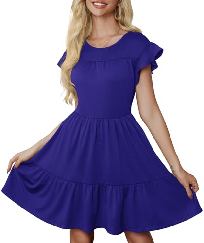 Image of PerZeal Women's Summer Casual Tiered Midi Dress Ruffle Short Sleeve A-Line Flare Swing Dress Solid Cute Beach Sundress