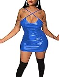 RINTONIX Women's Sexy Wet Look Bodycon Leather Short Club Dress Skinny Halter Neck Metallic PU Leather Mini Party Dresses(BE-L)