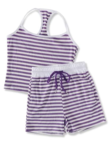 Image of Size 7-14Y Girls Clothes 2 Piece Outfits Striped Tank Top Drawstring Shorts Teen Girls Summer Clothing Sets