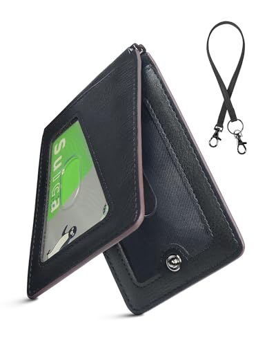 [LuoLuo] 定期入れ メンズ パスケース 5枚収納 本革Dカン 薄型 バタフライ ICカード2枚使用可能 ストラップ付き 通勤 通学 (ブラック)