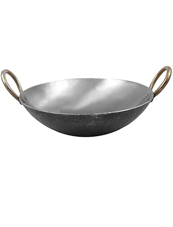 Traditional Iron deep Kadai/Frying Pan for Cooking, Iron Fry Kadhai/Pan Heavy Base Iron Kadhai, Handmade pan Loha/Lokhand/Lokhandi Kitchen with Golden Rings,Silver Color