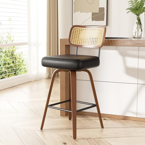 Image of Swivel Bar Stools Set of 1, 26 inch Upholstered Faux Leather Counter Height Barstools with Rattan Back & Bentwood Legs, Mid Century Modern Bar Chairs Island Stools for Kitchen Counter, Black