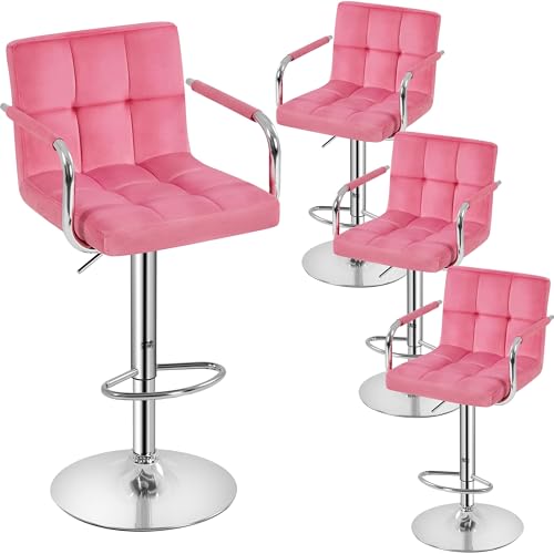 Image of Yaheetech Bar Stools Set of 4, Swivel with Backs, Adjustable Height, Pink
