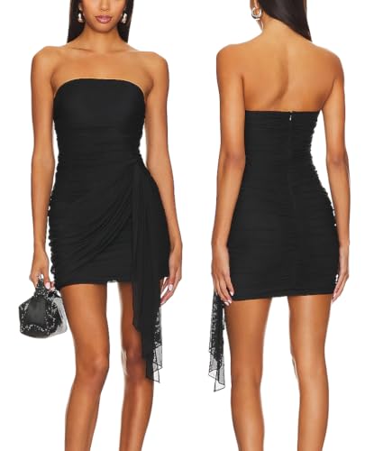ALENDA DANMOS Women Strapless Bodycon Mini Dress Corset Tube Chic Short Dresses Ruched Mesh Draped Cocktail Party Dress 309