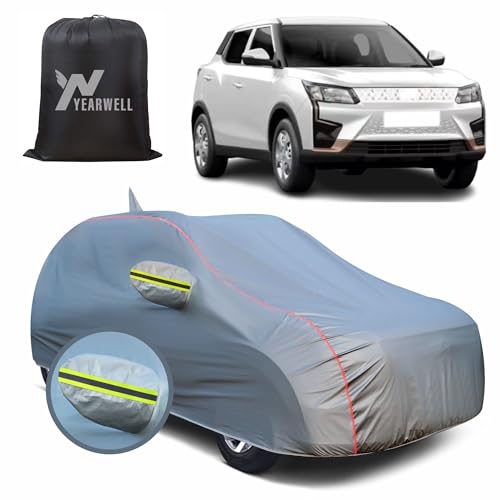 Image of Car Body Cover for Mahindra XUV 400, 100% Waterproof, Heat-Resistant with Mirror & Antenna Pockets, Soft Cotton Lining, Triple Stitched, Green Reflector (Metallic Grey)