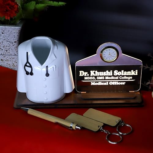 Image of Doctor Coat Pen Stand with LED Name Plate, Clock & Wooden Base | Bamboo Pen & Personalized Wooden Keyring with Stylish Name Plate | Customized Desk Organizer for Doctors Medical Aspirants