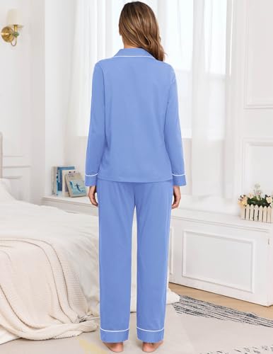 Image of Veseacky 100% Cotton Women's Pajama Set Long Sleeve Button Down Sleepwear Soft Pjs Lounge Sets Nightwear Pjs XS-XXL