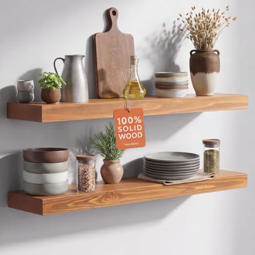 Homeforia 30 Inch Floating Shelves, High-End Solid Pine Wood, Set of 2 | Golden Oak Finish...