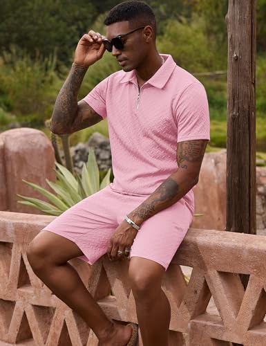 Image of URRU Mens Textured Polo Shirt and Shorts Sets Outfits 2 Piece Summer Tracksuits Casual Quarter Zip Golf Polo Shirts