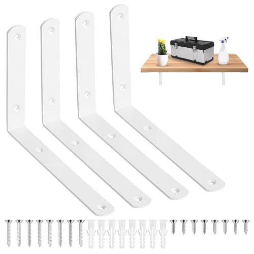 4 Pcs Soporte Estanteria Pared Blancos, 200mm Soporte Baldas Pared Metalica, Soportes para Estanterías, Soportes en L para Estantes, Escuadras para Estanterias, Soporte para Baldas de Madera