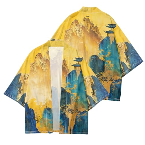 Image of DOSLAVIDA Men's Japanese Kimono Jacket Set Stylish Open Front Coat With Shorts Chinese Style Printed Cardigan Suit