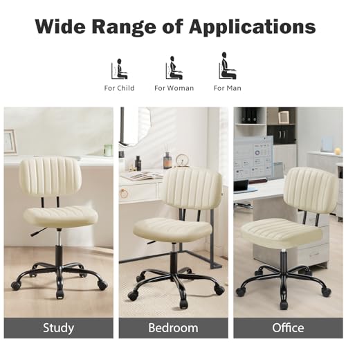 Image of DUMOS Small Armless Home Desk Executive Chair with Low Back Lumbar Support, Height Adjustable PU Leather Computer Office Chair with 360 Swivel Wheels for Kids and Adults, Beige