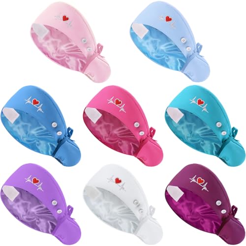 Image of 8 Pcs Satin Lined Scrub Caps, Nurse Hats with Buttons Sweatband, Adjustable Ponytail Surgical Caps for Women