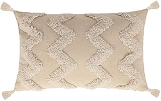 Grevosea Boho Cushion Covers with Tassels, Tufted Throw Pillow Covers Beige Woven Square Pillow Cases with Invisible Zipper for Sofa Bed Farmhouse Living Room Decorations 30 x 50 cm/12 x 20 Inch