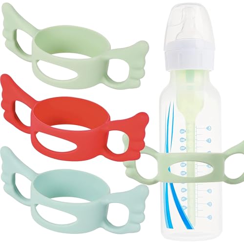 Image of TonGass 3-Pack Bottle Handles for Dr. Brown's Wide-Neck Baby Bottles, BPA-Free Soft Silicone, Easy Grip Handles for Self-Feeding, Includes Blue, Green, and Red