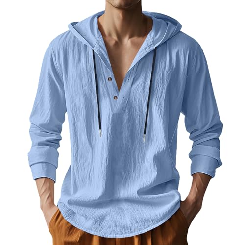 TRFIC Mens Cotton Linen Hoodies Long Sleeve Button Down Shirts Casual Hawaiian Beach Yoga Sweatshirts Blue