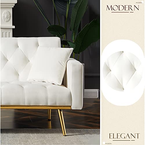 Convertible Velvet Futon Sofa Bed, 73-Inch Sleeper Couch With 3 Reclining Angles, Living Room Loveseat Sofa With Golden Tapered Metal Legs, Cream White #TOP3