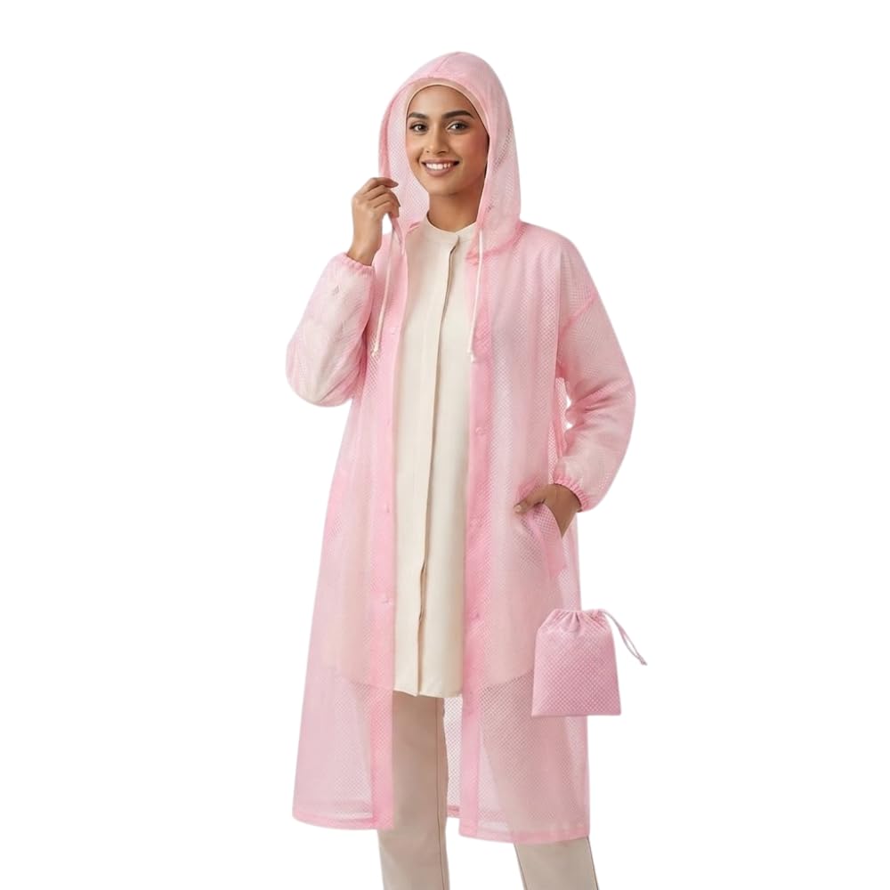 (𝐒𝐩𝐞𝐜𝐢𝐚𝐥 𝟏𝟓 𝐘𝐞𝐚𝐫𝐬 𝐖𝐚𝐫𝐫𝐚𝐧𝐭𝐲 Waterproof Raincoat for Men & Women, Pink Reusable Hooded Full Body Rain Suit with Full Sleeves, Lightweight Waterproof Rainwear for-image-5