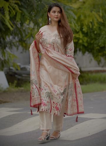 Image of VredeVogel Women's Beads Embroidered Silk Blend Kurta Pant Set with Organza Dupatta | Perfect for Festive & Casual Ethnic Kurta Set for Women